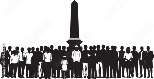 Group of diverse people silhouette vector illustration standing in front of obelisk line art