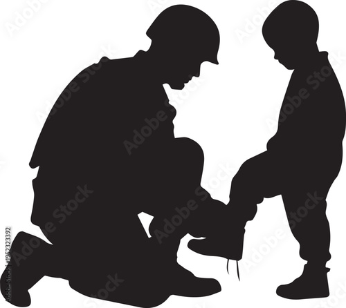 Kneeling soldier and child interaction silhouette illustration vector line art composition
