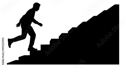 Silhouette of a man running up stairs symbolizing progress and achievement isolated on white background stock graphic