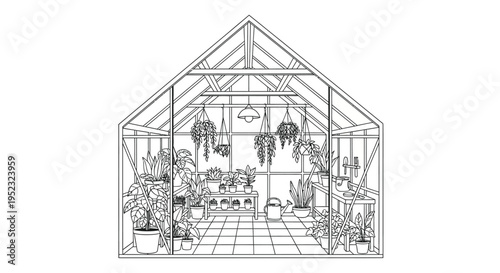 A detailed line drawing of a greenhouse filled with various plants