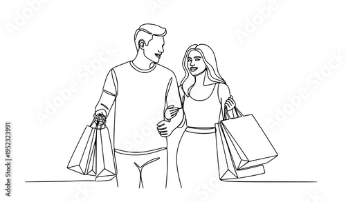 A minimalist line art illustration of a couple shopping together