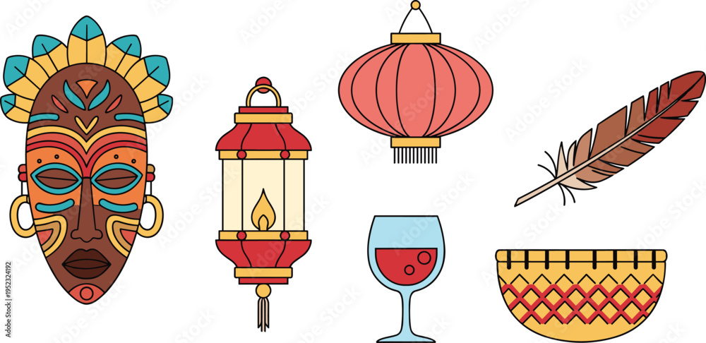 Obraz premium Ethnic Cultural Elements Illustration Set Featuring African Mask, Lantern, Chinese Lantern, Feather, Bowl, and Wine Glass for Traditional and Heritage Designs
