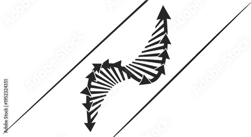 Multiple black arrows form a dynamic wavy path moving upwards between two parallel.