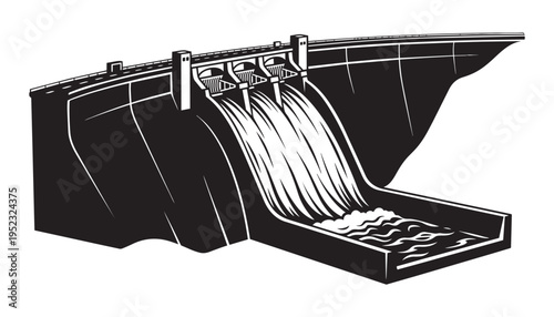 Hydroelectric dam with flowing water vector illustration black silhouette on transparent background