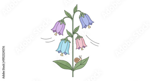 A cartoon illustration of colorful bell-shaped flowers, a leaf, and a snail