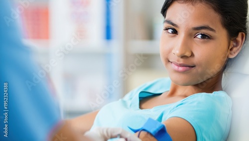 Young blood donor receiving donation in a bright clinic for World Blood Donor Day