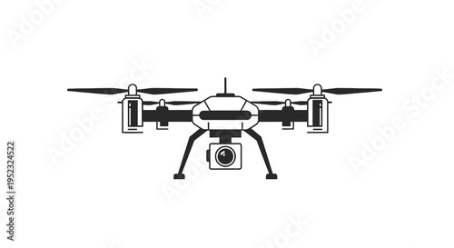 A monochrome illustration of a drone with rotors, legs, and a camera, isolated