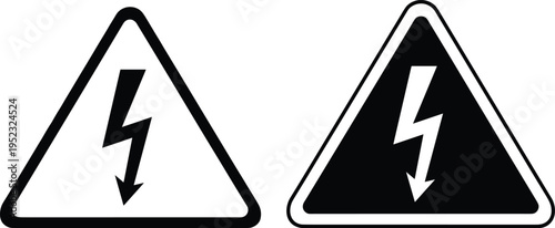 Electric hazard warning triangle signs with lightning bolt symbols in outline and solid styles, representing high voltage danger, safety caution, and industrial risk on clean background
