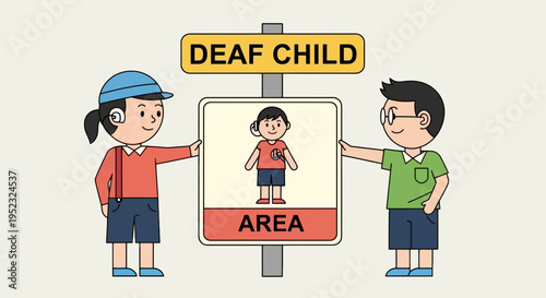 Two kids flank a sign stating "Deaf Child Area," featuring a deaf child image