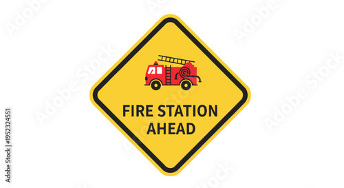 A road sign indicates a fire station ahead, featuring a fire truck icon