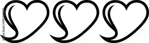 Three elegant black outline heart shapes with smooth curves and minimalist design, symbolizing love, romance, and affection isolated on a clean light background