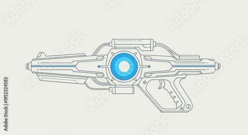 Futuristic weapon illustration in line art style with blue accents on a light background