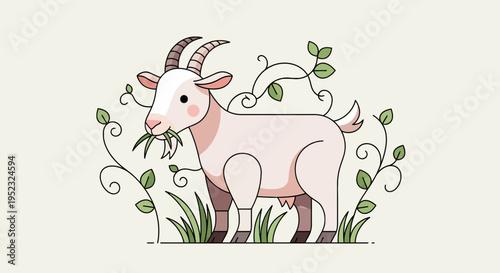 Stylized illustration of a goat eating grass amidst leaves and vines on a beige backdrop