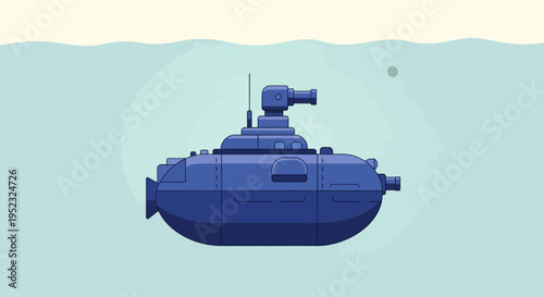 A stylized blue submarine glides underwater, with an attached gun and antenna