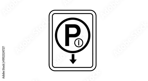 Black and white parking sign with "P" inside a circle, an "i" symbol below, and an arrow