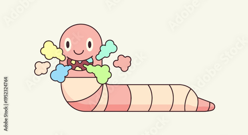Cartoonish pink worm with a face expelling colorful puffs. Simple, childish design