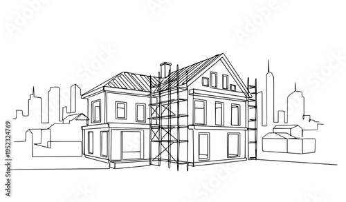 A line art illustration of a house under construction in a city