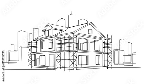A vector graphic illustration of a house under construction with scaffolding