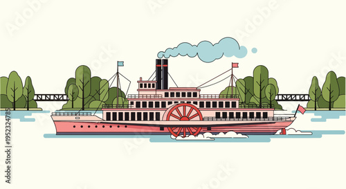 Illustration of a paddle steamer on a river, flanked by trees and a bridge, with smoke
