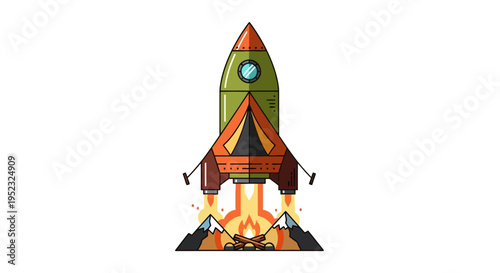 A whimsical, flat design rocket ship incorporating a tent, camp fire, and mountains