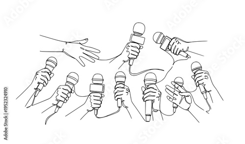 A minimalist line art illustration of multiple hands holding microphones