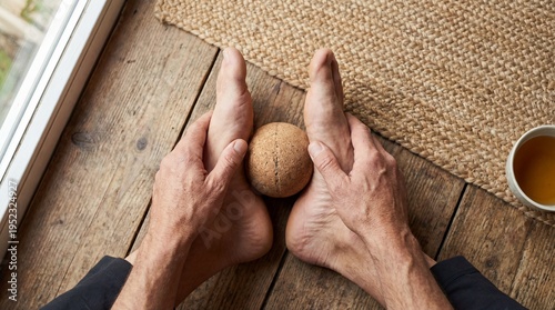 Bird’s Eye View of Hands Rubbing Sore Arches on Cork Massage Ball