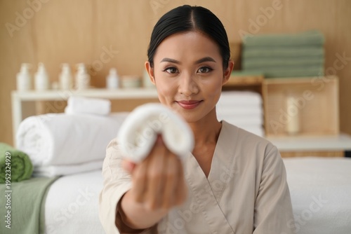 Spa therapist offering a warm rolled towel to a guest in a serene spa.