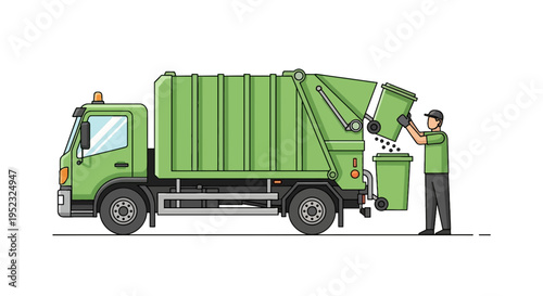 Green garbage truck emptying trash bin with a worker. The trash goes into a smaller bin