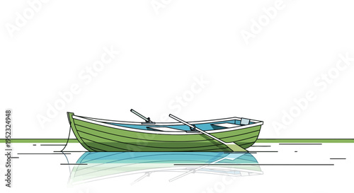 A green rowboat floats on calm water with its reflection. Oars are ready for use