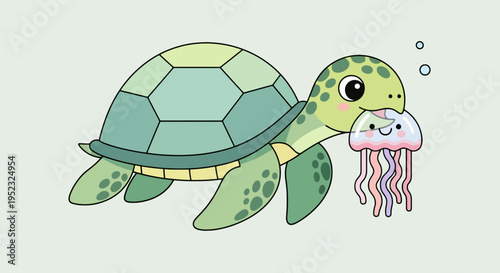 Cartoon sea turtle happily eating a smiling jellyfish with bubbles above on a neutral background