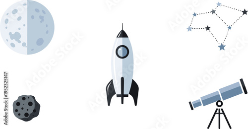 Space Exploration and Astronomy Illustration Set Featuring Moon, Rocket, Asteroid, Telescope, and Constellations for Science and Education Designs