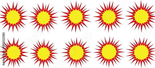 Set of bright comic explosion bursts in yellow and red colors, starburst shapes for sale tags, discount labels, pop art effects, and promotional design elements