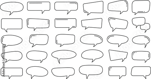 Collection of speech bubble icons in various shapes and styles, minimalist outline design representing communication, chat, messaging, and dialogue elements isolated on clean background