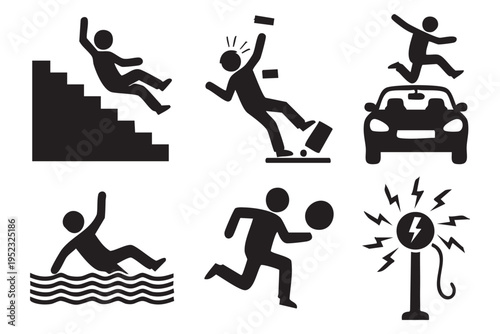 Silhouette icons depicting various hazardous situations and accidents