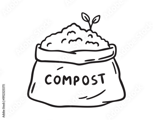 Hand drawn compost bag with sprout, simple black outline illustration showing organic soil mix, small seedling, clean linework, minimalist icon for sustainable lifestyle, zero waste and circular