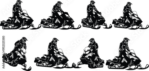 Snowmobile rider silhouette illustration set, winter outdoor sport activity artwork, helmet safety vector design concept