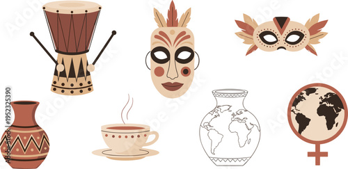 Traditional Cultural and Folk Art Illustration Set Featuring Drum, Mask, Pottery, Tea Cup, World Globe, and Feminine Symbol for Global Heritage Designs