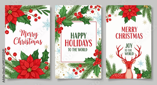 Christmas Greeting Cards Set: Poinsettias, Holly, Berries, Fir Branches, Snowflakes, Deer