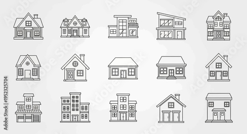 Collection of Diverse House Architectural Designs, Hand-Drawn Style