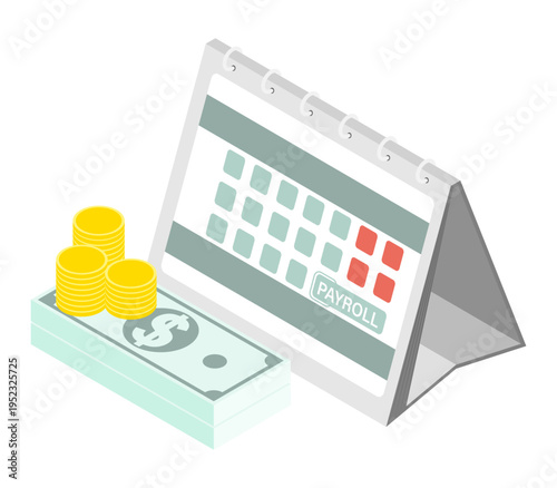 Isometric day of receipt and accrual of wages for time worked. Isolated cartoon vector concept on white background top view