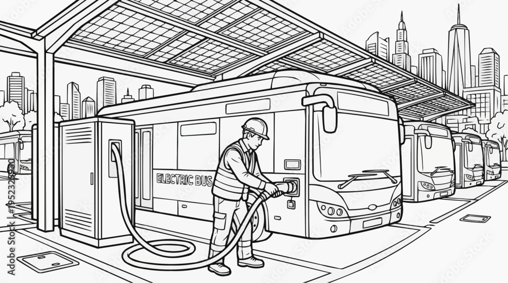 Fototapeta premium Coloring page for children - a technician in a reflective vest is charging an electric bus at a city charging station with skyscrapers