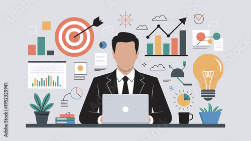 A businessman sitting at a desk with a laptop surrounded by various business and productivity related icons and graphs.