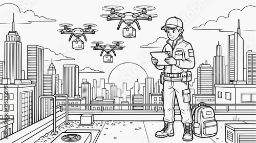 Coloring page for children - a young specialist controls delivery drones on the roof in a city panorama