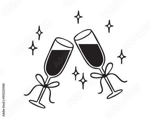 Two champagne flutes clinking, festive sparkle bows tied at stems, scattered starbursts and tiny sparkles, lively New Year or holiday countdown vibe, perfect for party flyers, greeting cards,