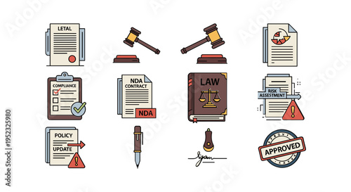 Law Documents and Symbols Illustration Set.