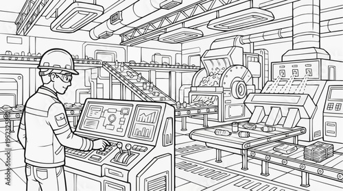Coloring page for children - an engineer in a hard hat controls a control panel in a futuristic recycling plant