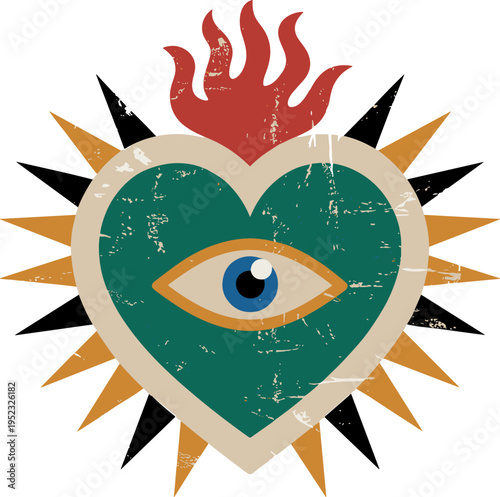 Sacred heart eye illustration, folk art symbol design, spiritual vision artwork collection