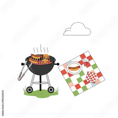 Summer BBQ Picnic: Grilling Hot Dogs and Burgers with Drinks on Checkered Blanket