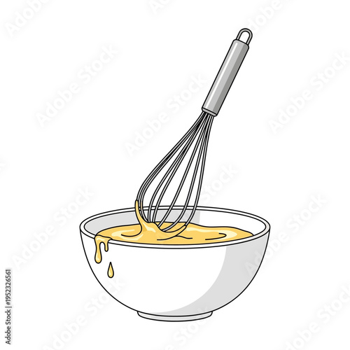 Whisk mixing batter in a white bowl, cooking, baking, preparing food, close-up