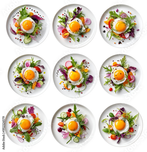 Salad with fried egg, fresh greens and vegetables isolated on white transparent background, top view.